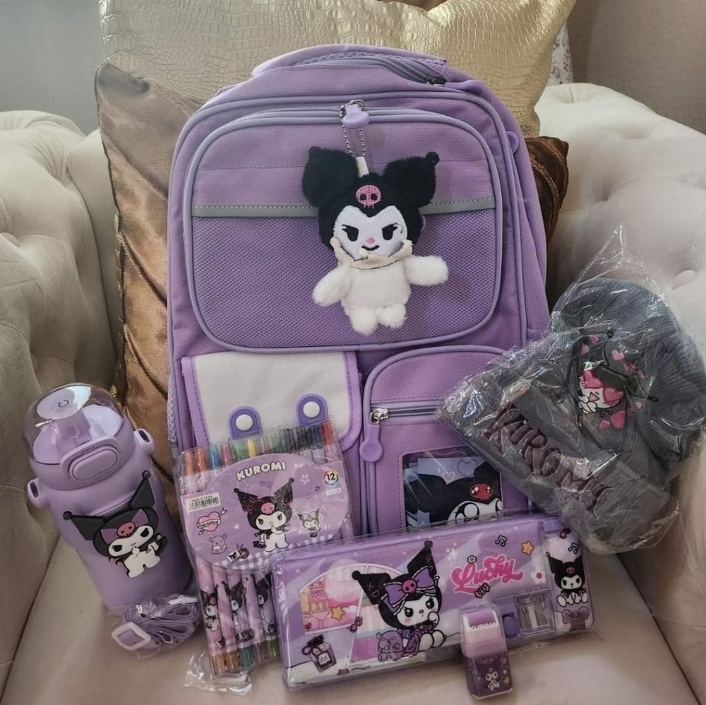 (Brand New) Purple Kiuromi backpack with cup, school pen set and black beanie